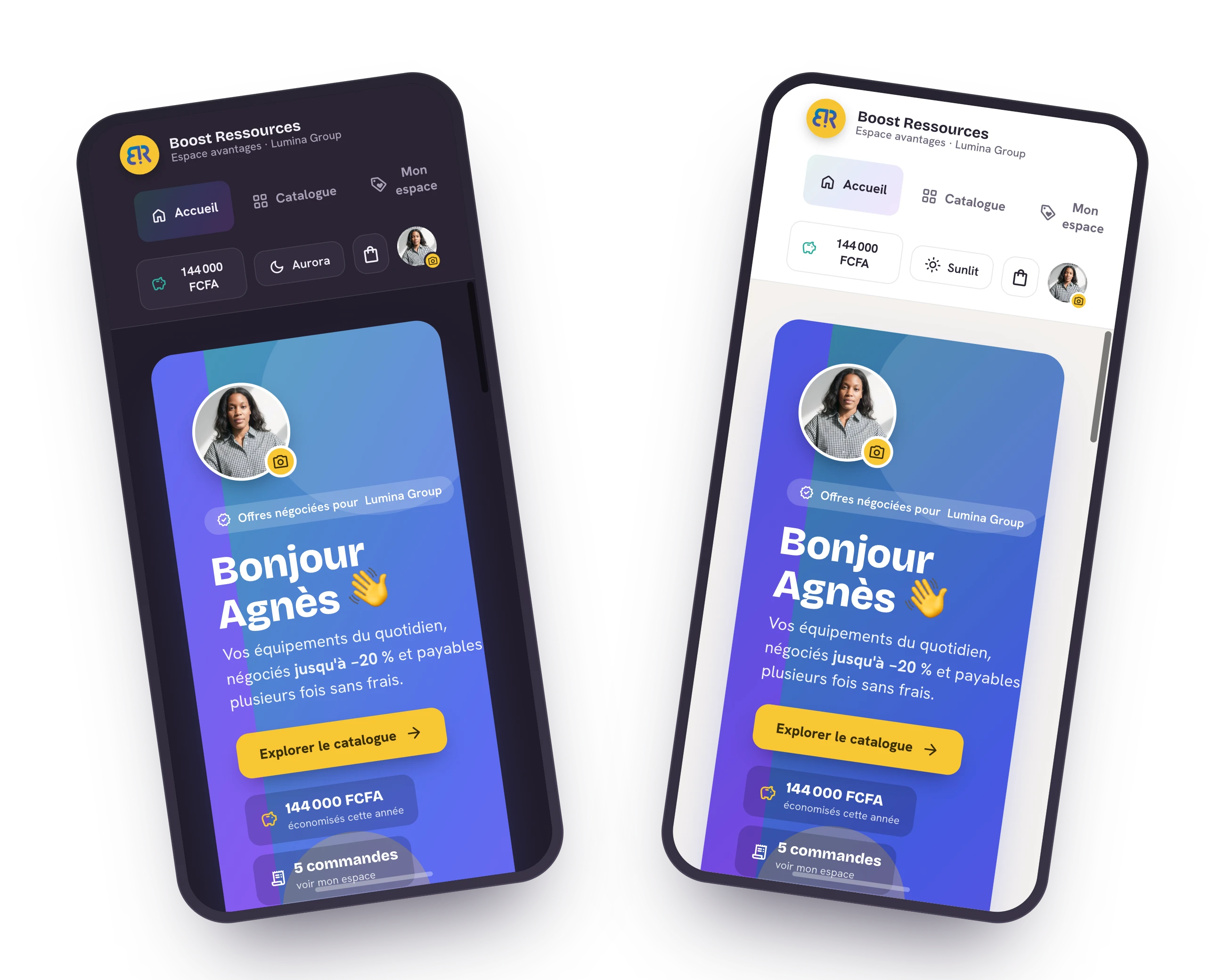 L'espace salarié Boost Ressources en thème sombre Aurora et en thème clair Sunlit